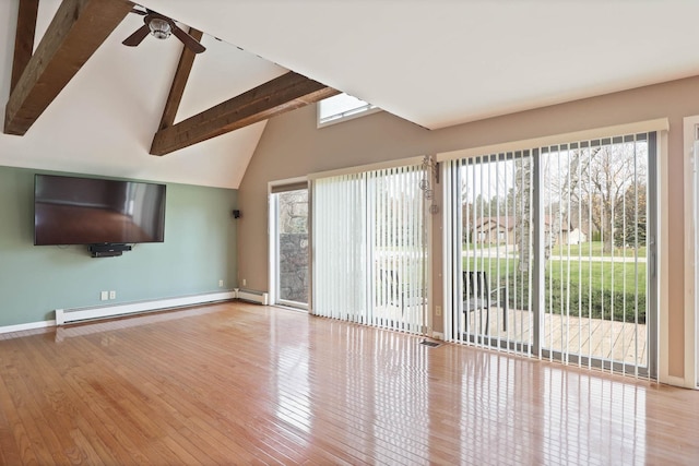 unfurnished living room featuring vaulted ceiling with beams, ceiling fan, light wood-type flooring, and a baseboard heating unit