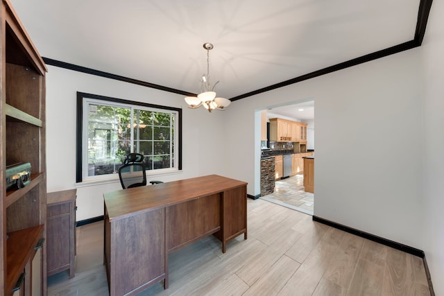 home office featuring a notable chandelier, ornamental molding, and light hardwood / wood-style flooring