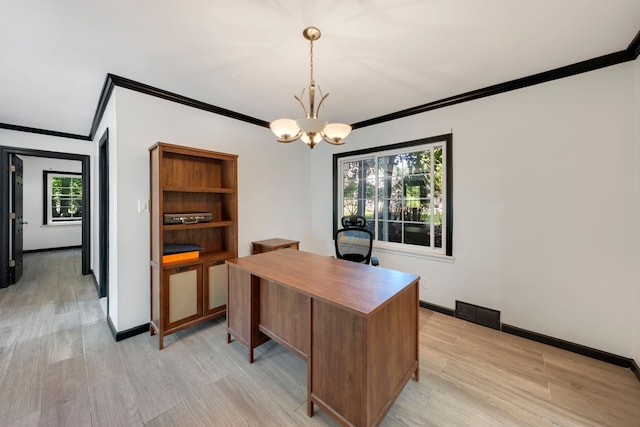 office space featuring crown molding, a wealth of natural light, light hardwood / wood-style flooring, and a chandelier