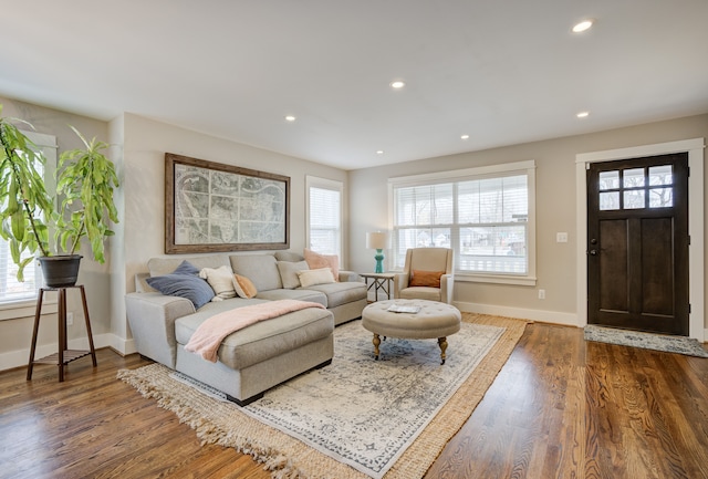 living room with plenty of natural light and dark hardwood / wood-style floors