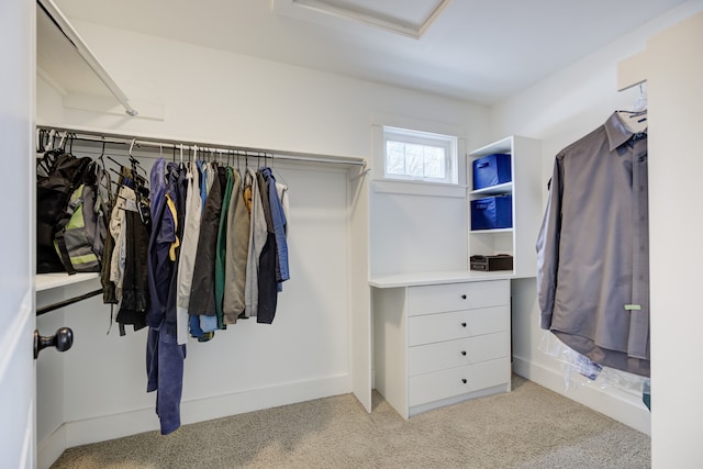 walk in closet featuring light colored carpet