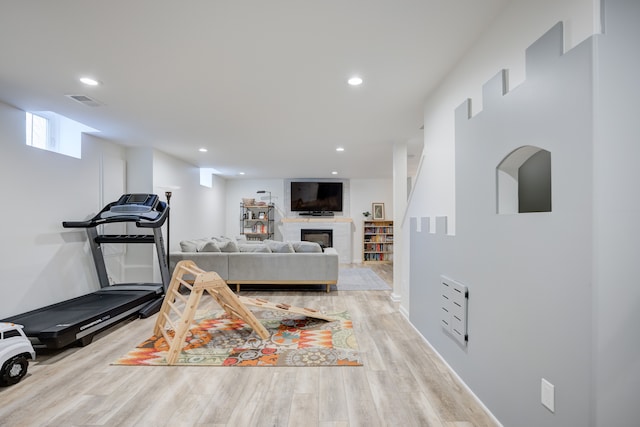 workout area featuring a fireplace and light hardwood / wood-style floors