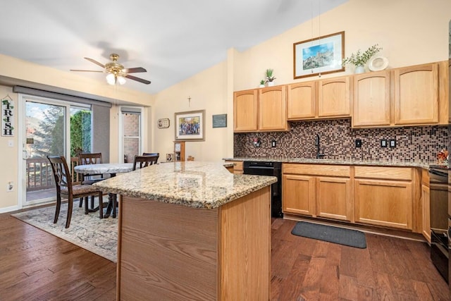 kitchen with decorative backsplash, dark hardwood / wood-style flooring, sink, and vaulted ceiling