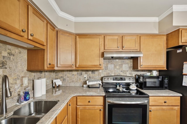 kitchen with stainless steel range with electric stovetop, ornamental molding, sink, and tasteful backsplash