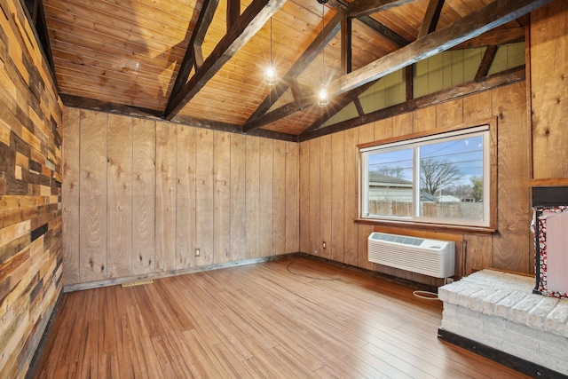 unfurnished room featuring wood-type flooring, vaulted ceiling with beams, wooden ceiling, and wooden walls