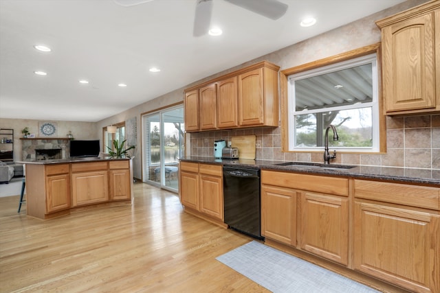 kitchen featuring light hardwood / wood-style flooring, sink, dishwasher, and a healthy amount of sunlight