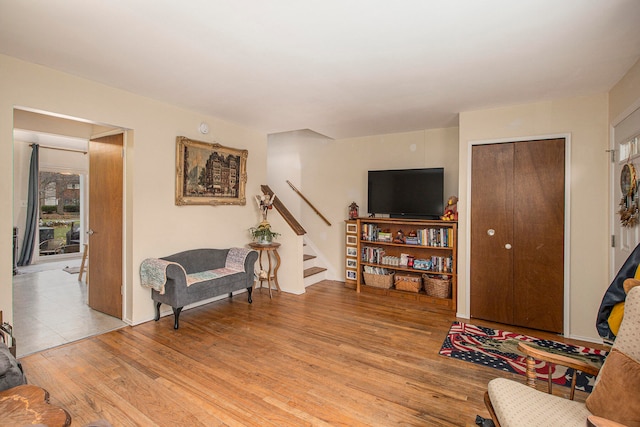 sitting room with light hardwood / wood-style flooring