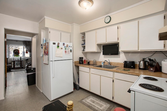 kitchen featuring white cabinetry, crown molding, white appliances, and sink