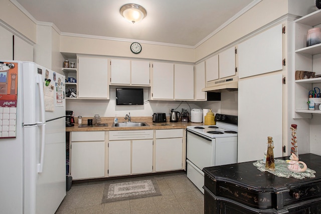 kitchen with white cabinetry, crown molding, white appliances, and sink