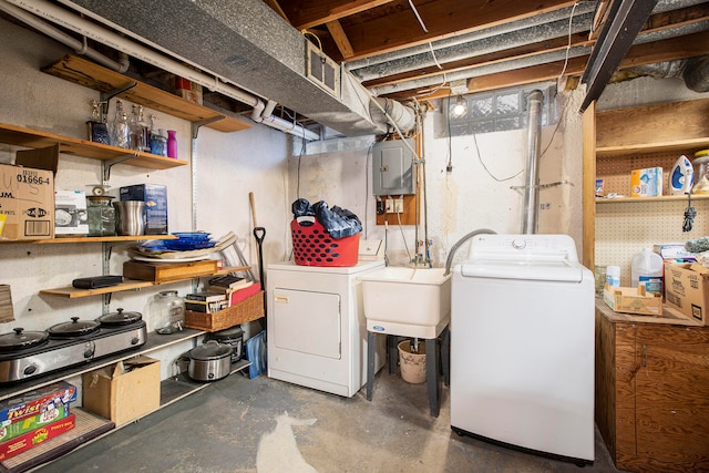 basement with separate washer and dryer, electric panel, and sink