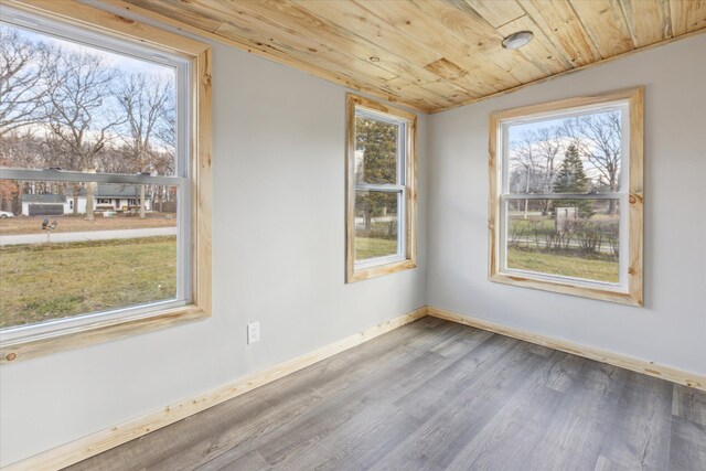 unfurnished room featuring hardwood / wood-style floors, wooden ceiling, and vaulted ceiling