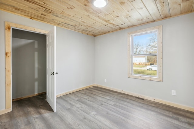 unfurnished room featuring wooden ceiling and wood-type flooring