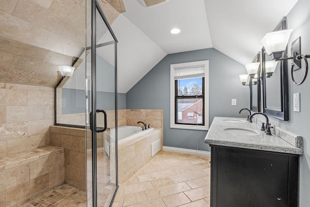 bathroom featuring vanity, lofted ceiling, and shower with separate bathtub