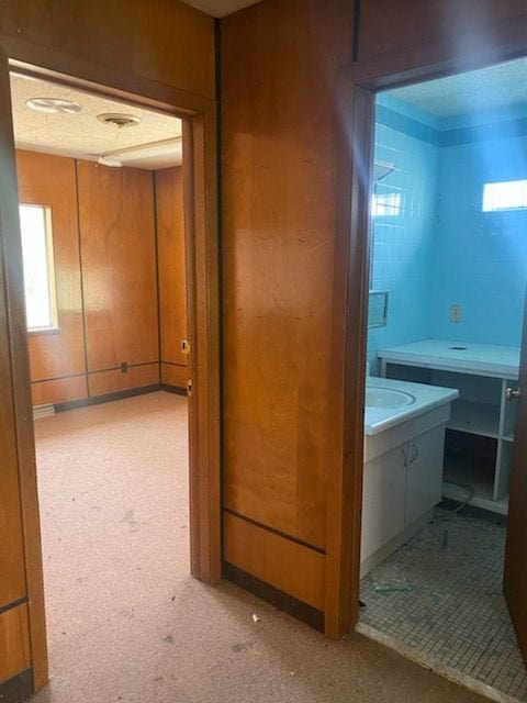 bathroom with wood walls and a healthy amount of sunlight