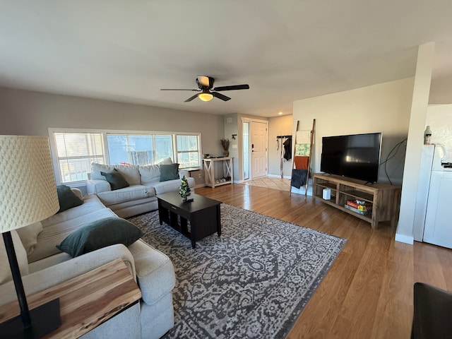 living room featuring ceiling fan and hardwood / wood-style flooring