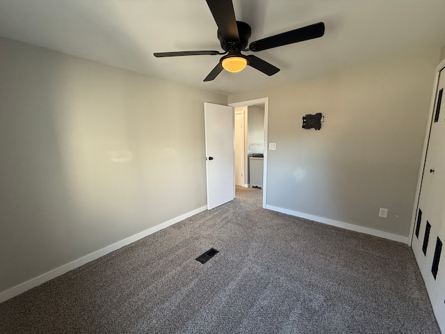 unfurnished bedroom with carpet flooring and ceiling fan