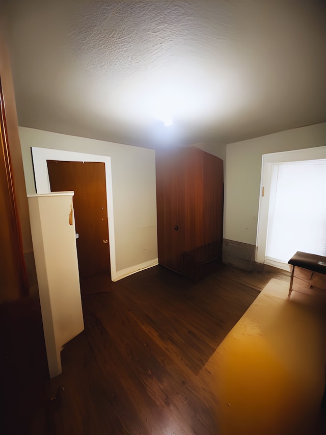 interior space featuring a textured ceiling and dark wood-type flooring