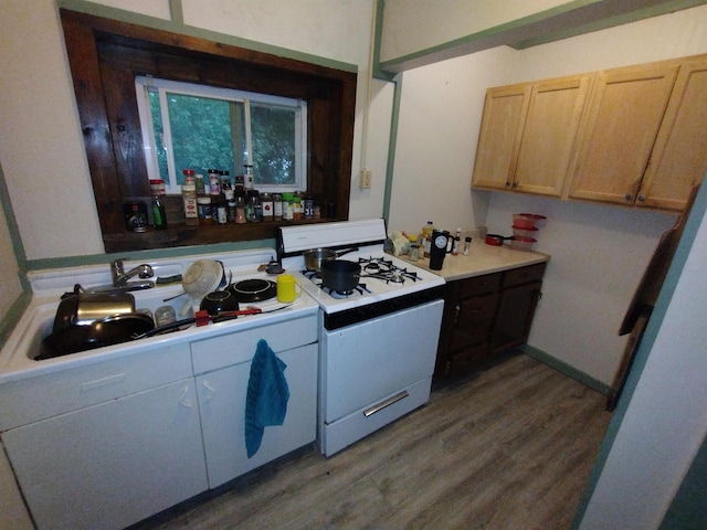 kitchen featuring dark hardwood / wood-style flooring, white stove, and light brown cabinetry