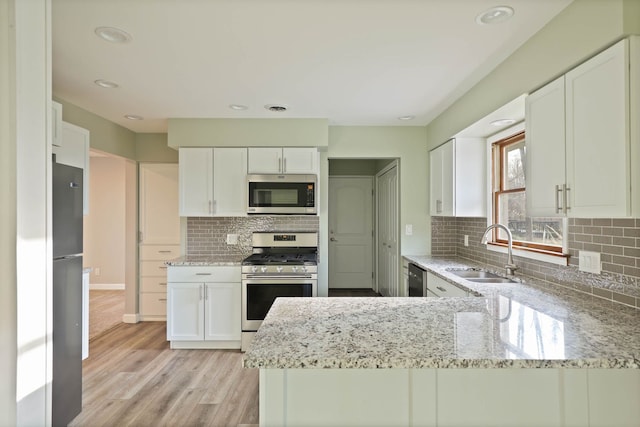 kitchen featuring white cabinetry, sink, light stone countertops, kitchen peninsula, and appliances with stainless steel finishes