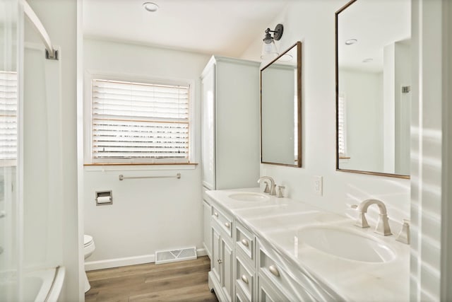 bathroom featuring vanity, hardwood / wood-style flooring, and toilet