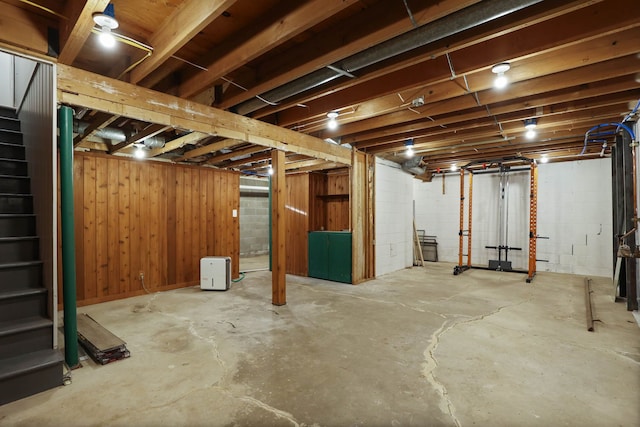 basement with wood walls