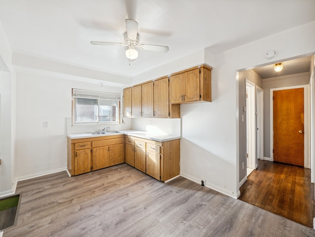 kitchen with ceiling fan, light wood-type flooring, and sink