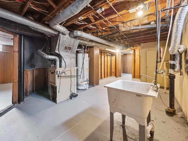 20019 Westbrook St, Detroit, MI 48219 - unfinished basement featuring water heater, heating unit, and a sink