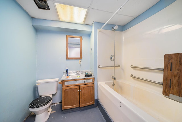 full bathroom featuring shower / bath combination, vanity, tile patterned flooring, and toilet