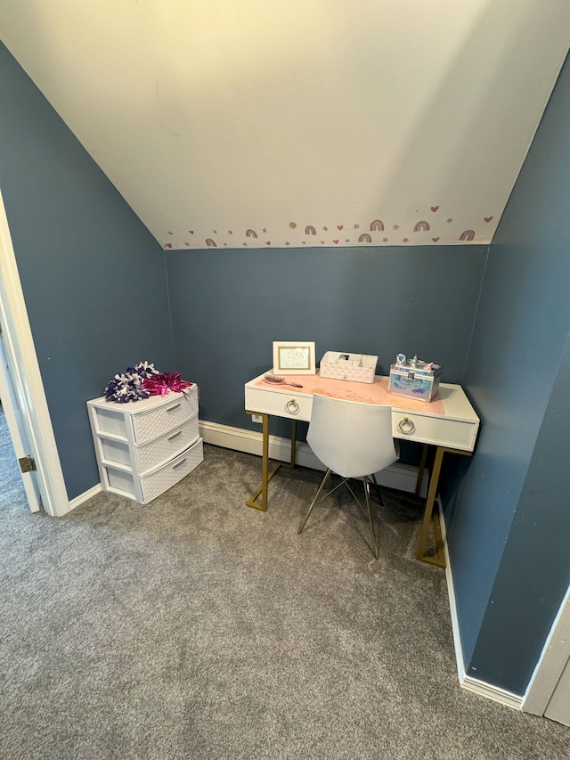 home office featuring lofted ceiling and carpet floors