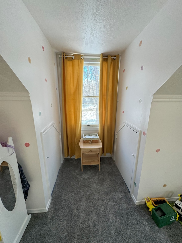 interior space with dark carpet and a textured ceiling