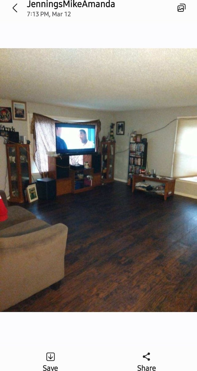 living room with a textured ceiling and hardwood / wood-style flooring