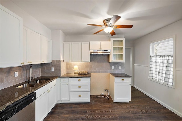 kitchen with dishwasher, white cabinetry, and dark wood-type flooring