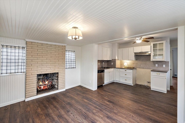 kitchen with white cabinets, stainless steel dishwasher, decorative backsplash, a fireplace, and dark hardwood / wood-style flooring