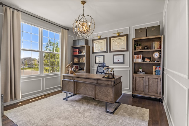 office featuring a chandelier and dark hardwood / wood-style floors