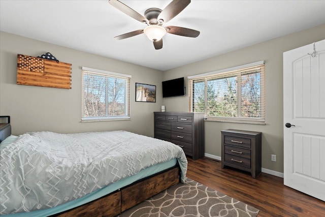 bedroom with multiple windows, dark wood-type flooring, and ceiling fan