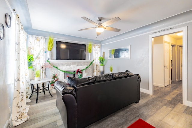 living room with ceiling fan and wood-type flooring