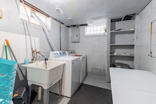 laundry area featuring washer and dryer, sink, and electric panel