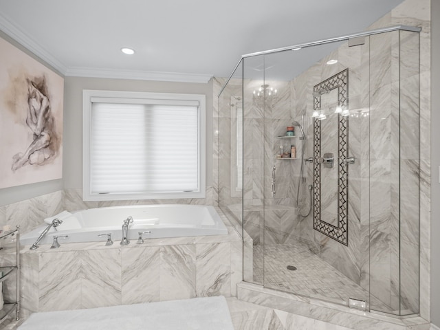 bathroom with separate shower and tub and ornamental molding