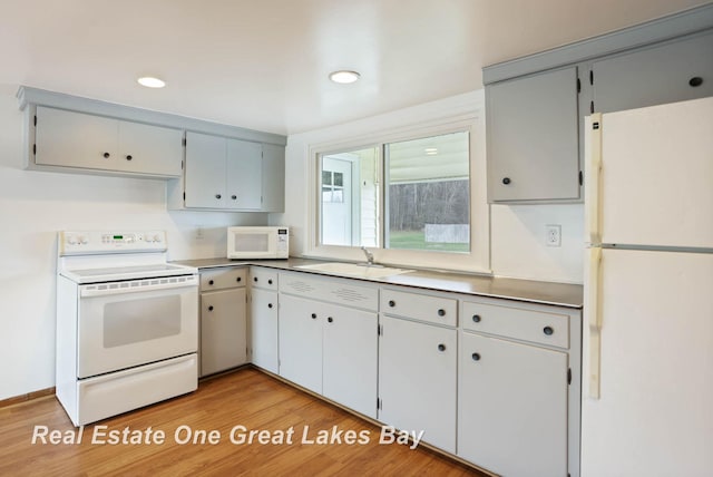 kitchen with sink, gray cabinetry, white appliances, and light wood-type flooring