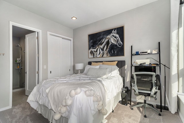 carpeted bedroom with a closet