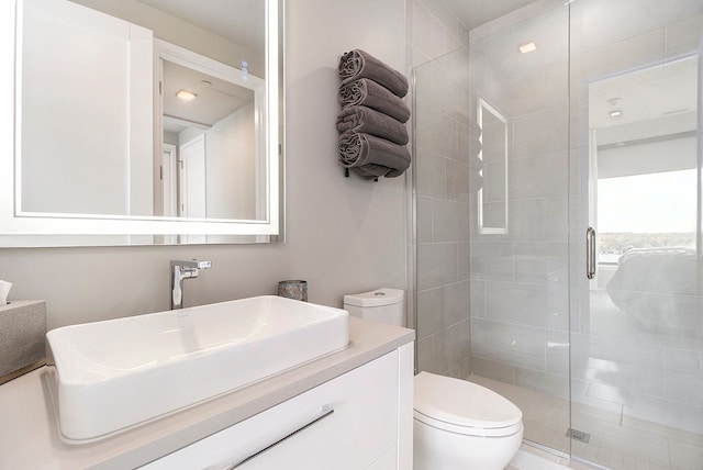 bathroom featuring vanity, toilet, and a shower with door