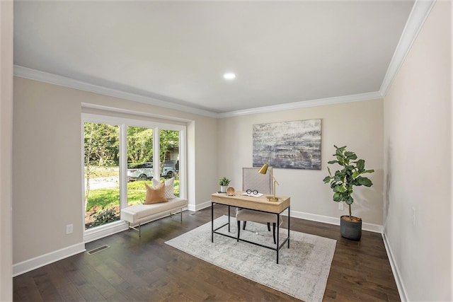 office area featuring crown molding and dark wood-type flooring