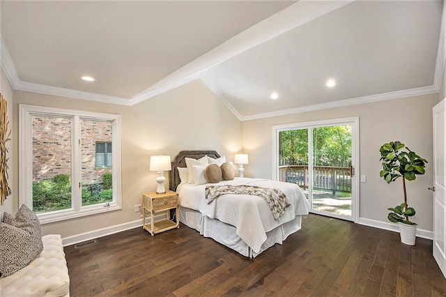 bedroom with access to exterior, crown molding, dark hardwood / wood-style flooring, and vaulted ceiling