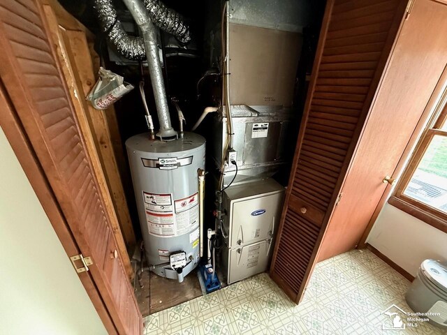 utility room featuring heating unit and water heater