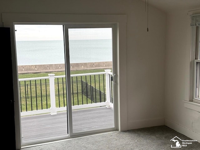 entryway with carpet floors, a water view, and plenty of natural light