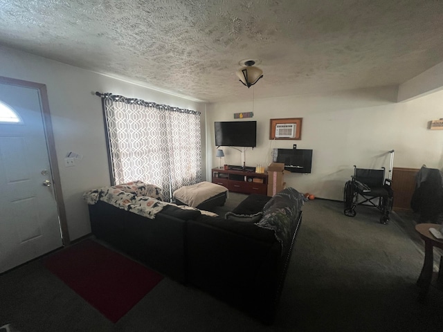 living room featuring carpet floors and a textured ceiling