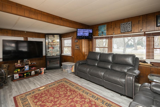 living room with wood walls and light hardwood / wood-style floors