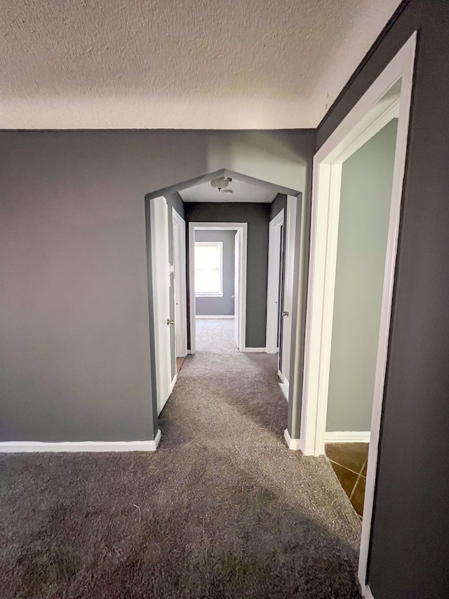 hall with carpet flooring and a textured ceiling