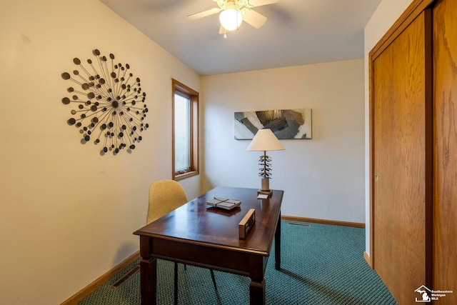 home office with carpet flooring and ceiling fan