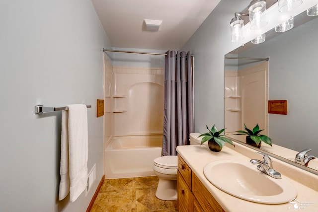 full bathroom with vanity, toilet, and shower / tub combo with curtain